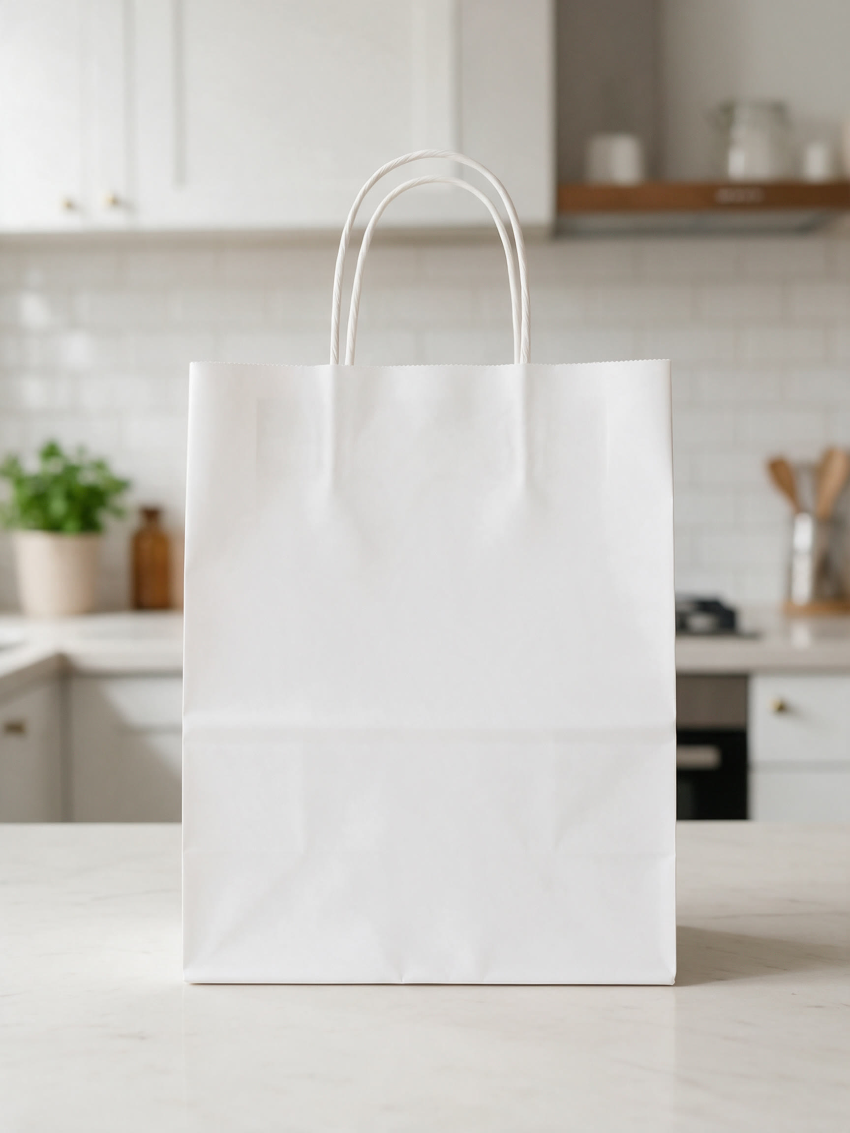 White paper bag with the stacked logo