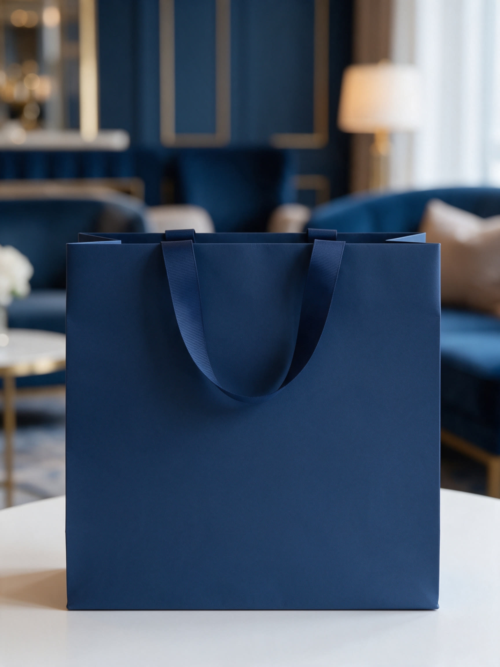 Navy gift bag with the white lockup