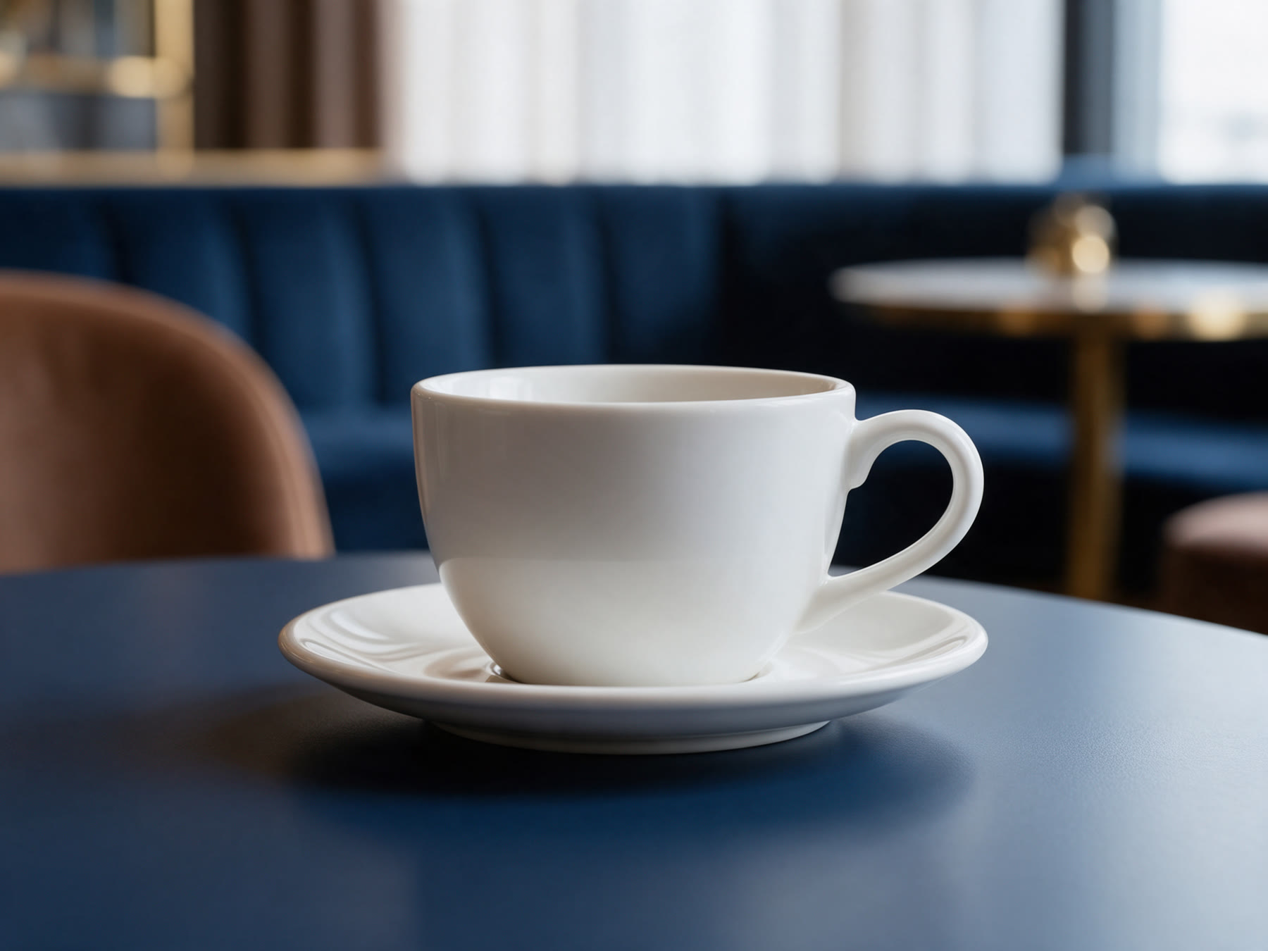 White coffee cup with the navy lockup