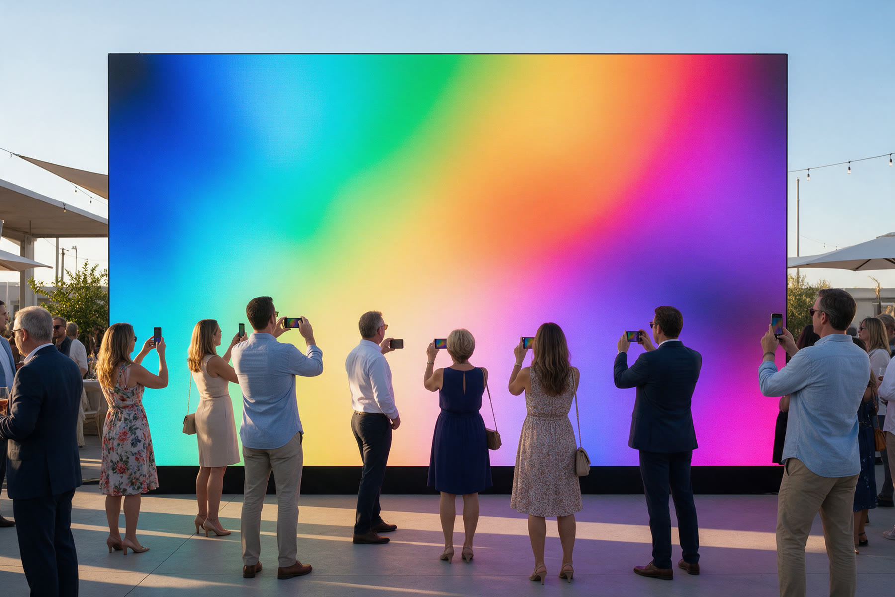 Guests photographing a spectrum LED wall outdoors