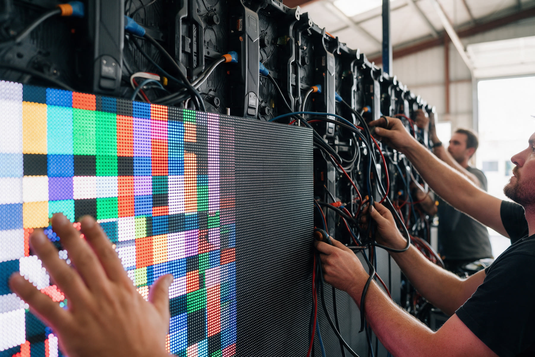 Technicians installing LED panels