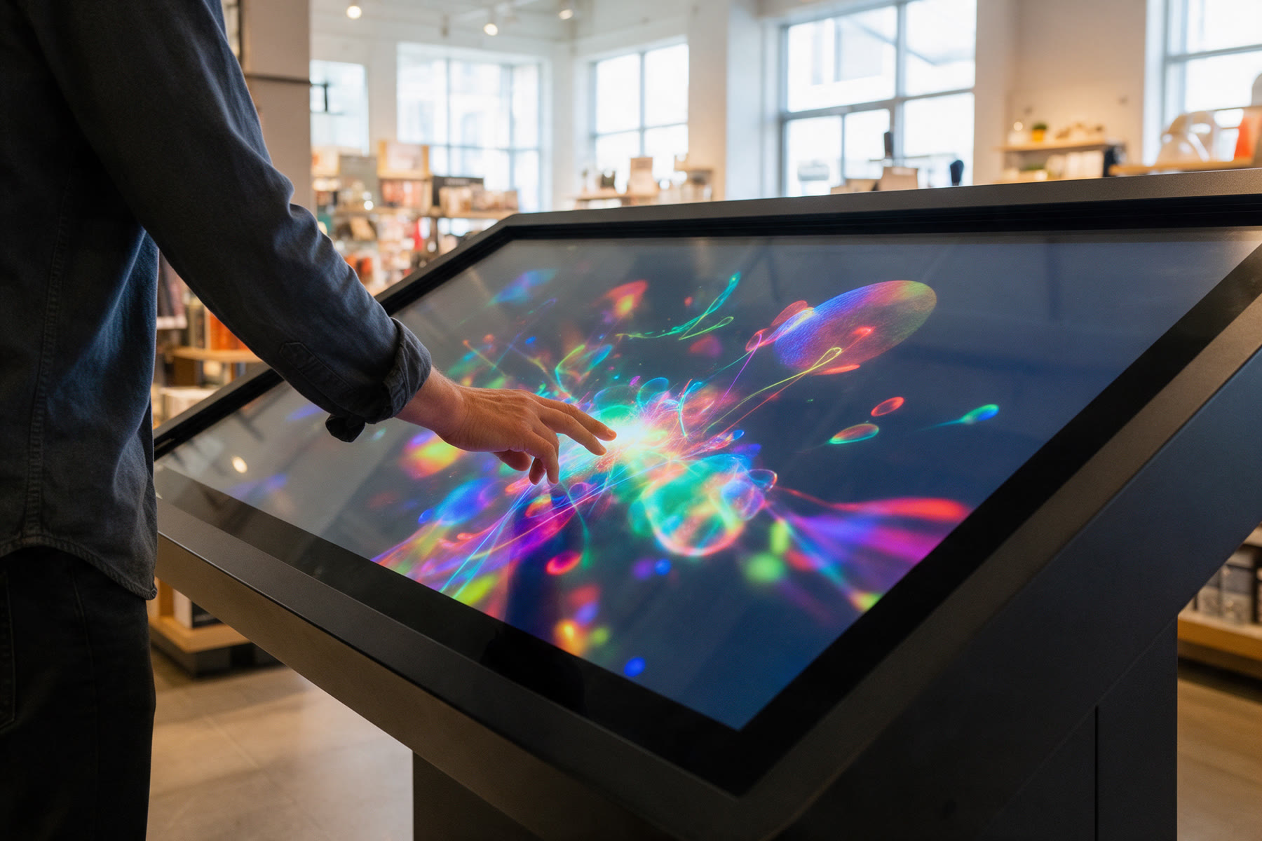 Person touching an interactive LED kiosk in a bright store