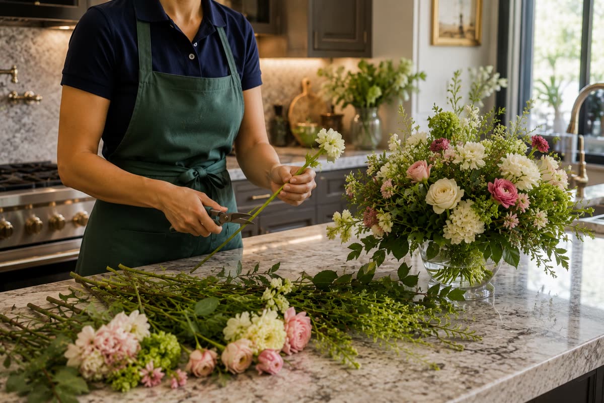 Florist arranging flowers in a kitchen