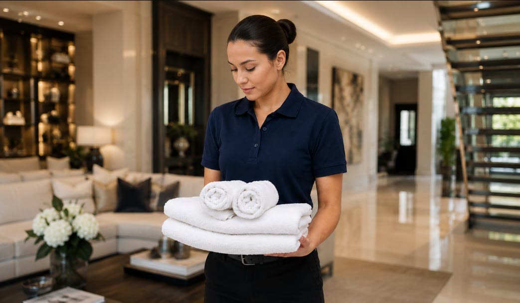 Housekeeper holding folded towels in a living room
