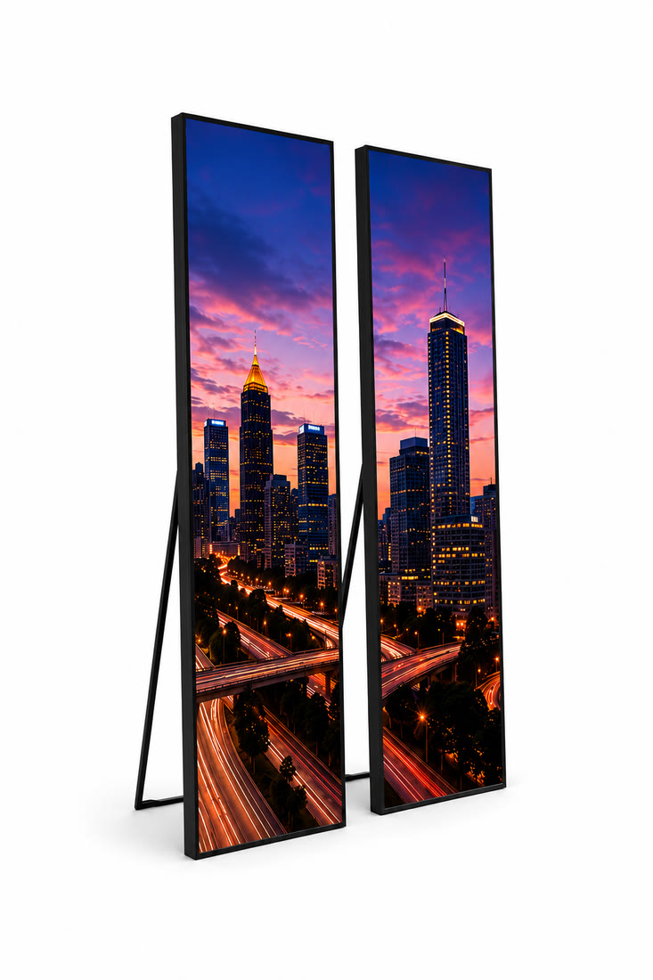 Two LED poster displays showing the Atlanta skyline at night
